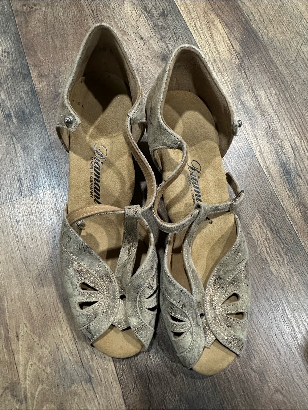 Vintage Diamant Taupe Suede T‑Strap ballroom Heels